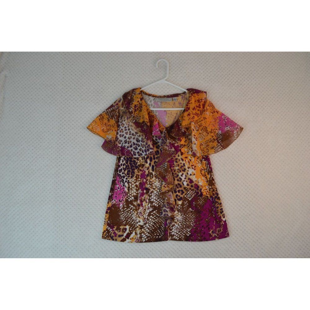 Simonton Says Women's Medium Pink Animal Print Ruffled Short Sleeve Blouse